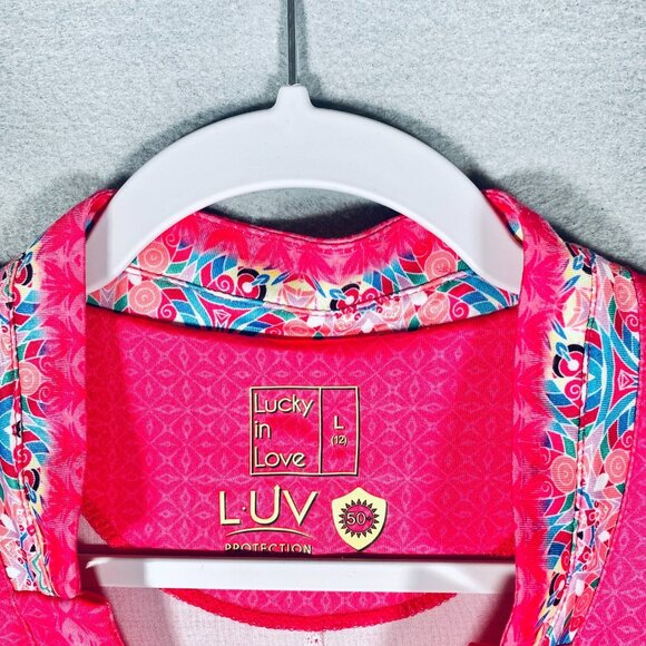 Lucky In Love Shirt Womens L Hot Pink Long Sleeve Pullover Tennis UPF 50 - Picture 6 of 14